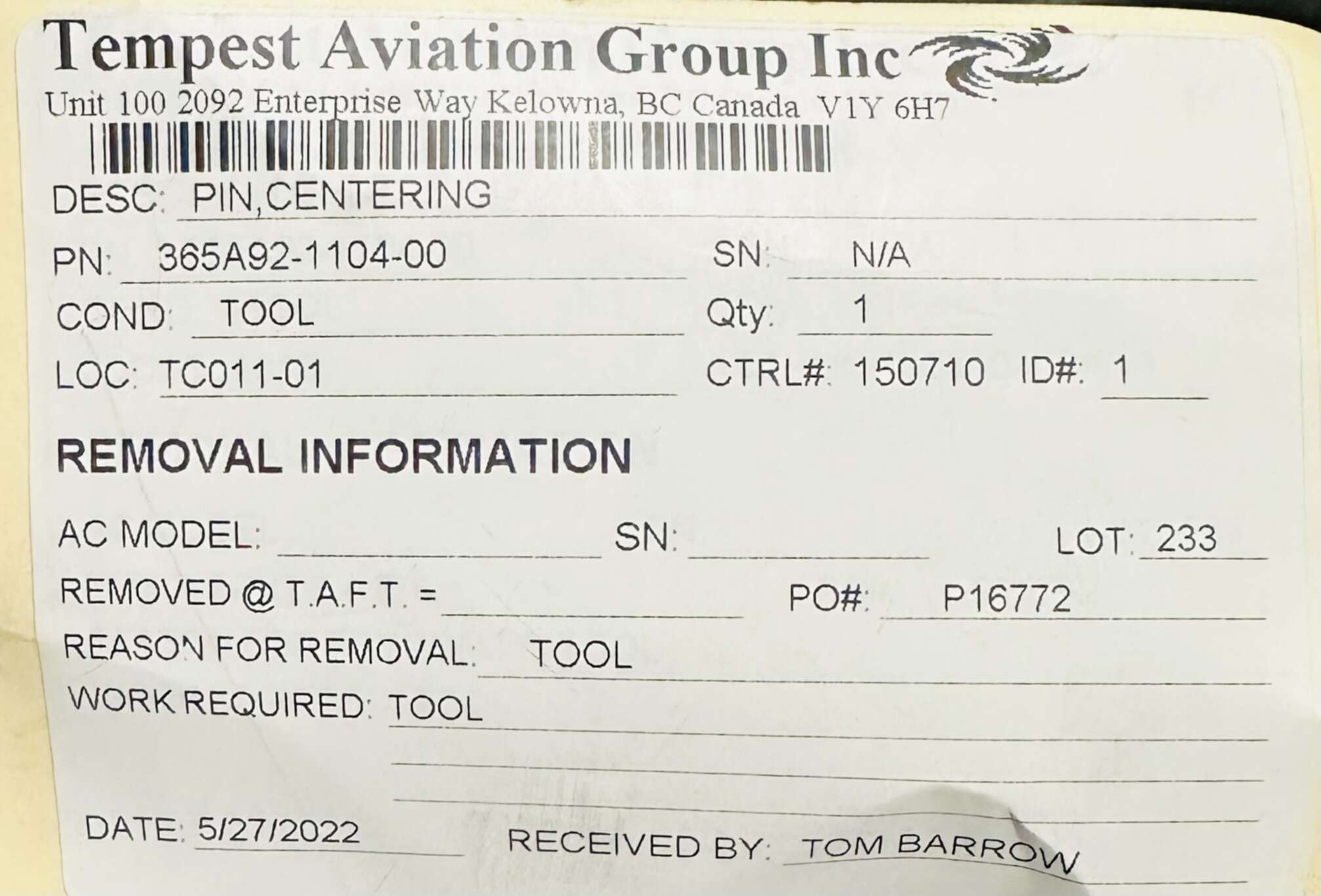 Aircraft Part: 365A92-1104-00